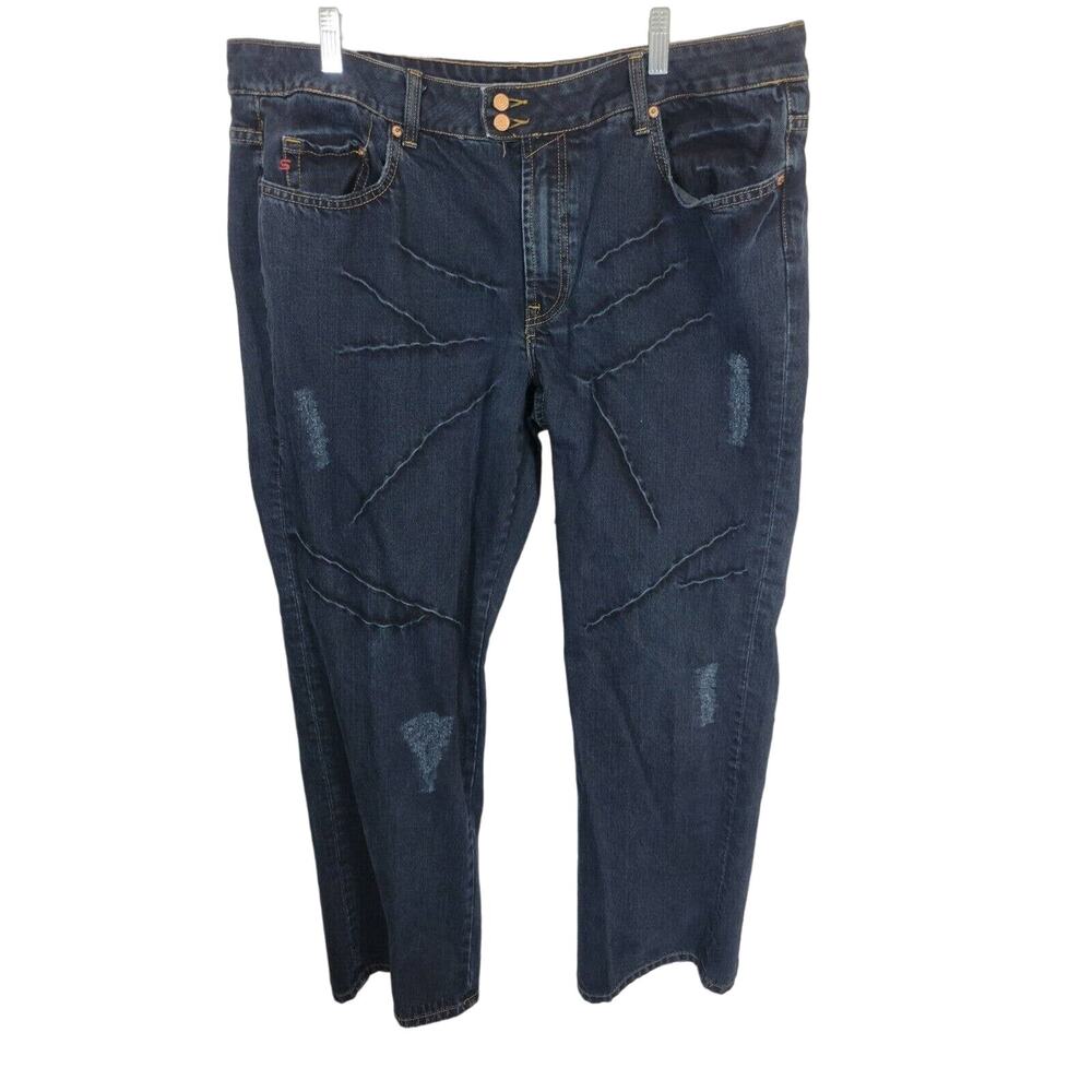 Seven7 Blue Denim Straight Leg Mid Rise Dark Wash Distressed Jeans Women's SZ 22
